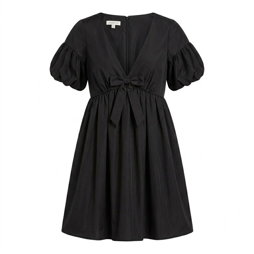 London Times Black Puff Sleeve Bow Empire Waist Babydoll Dress Size 6